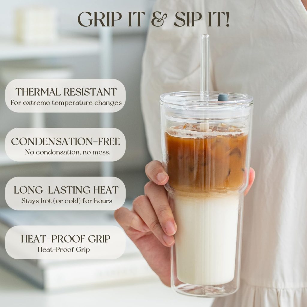 KEMORELA 2PCS 20oz Double Wall Glass Tumblers with Lids and Straws – Insulated Borosilicate Glass Matcha Cups for Iced Matcha Latte, Smoothies, Reusable Travel Glass Cups – Leak Proof 2-in-1 Lid KEMORELA 2PCS 20oz Double Wall Glass Tumblers with Lids and Straws – Insulated Borosilicate Glass Matcha Cups for Iced Matcha Latte, Smoothies, Reusable Travel Glass Cups – Leak Proof 2-in-1 Lid