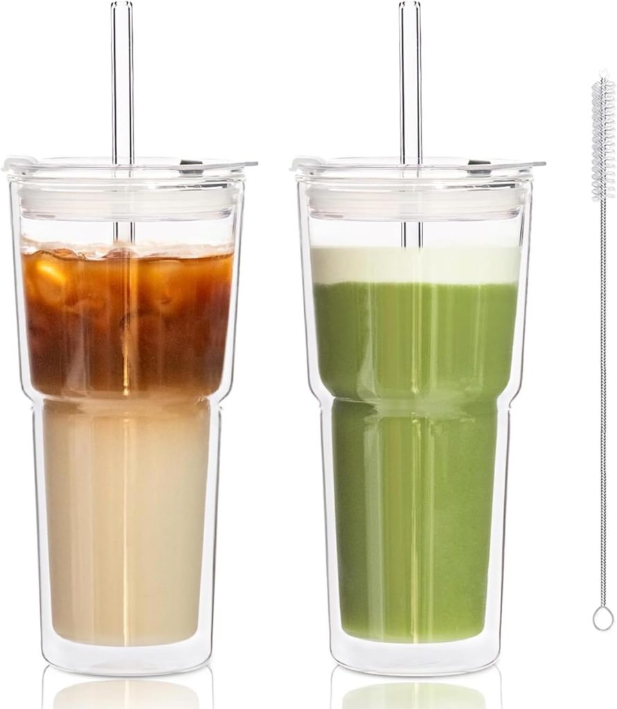 KEMORELA 2PCS 20oz Double Wall Glass Tumblers with Lids and Straws – Insulated Borosilicate Glass Matcha Cups for Iced Matcha Latte, Smoothies, Reusable Travel Glass Cups – Leak Proof 2-in-1 Lid KEMORELA 2PCS 20oz Double Wall Glass Tumblers with Lids and Straws – Insulated Borosilicate Glass Matcha Cups for Iced Matcha Latte, Smoothies, Reusable Travel Glass Cups – Leak Proof 2-in-1 Lid