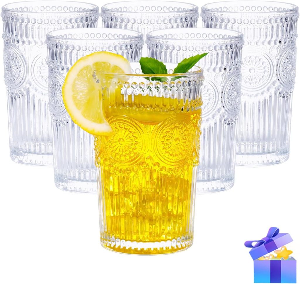 Vintage Glassware Romantic Drinking Glasses - 12 oz Cocktail Glasses Set of 6 Embossed Water Glasses Drinking Perfect Glass Cups for Coffee, Cocktails, and Beverages Dishwasher Safe Ideal Gifts Vintage Glassware Romantic Drinking Glasses - 12 oz Cocktail Glasses Set of 6 Embossed Water Glasses Drinking Perfect Glass Cups for Coffee, Cocktails, and Beverages Dishwasher Safe Ideal Gifts