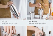 X Home Cocktail Shaker Set, Professional 4-Piece Bartender Kit with Boston Shaker, Hawthorne Strainer, Double Measuring Cocktail Jigger, and 10-inch Mixing Spoon, Bartender’s Choice