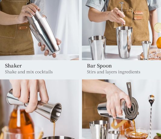 X Home Cocktail Shaker Set, Professional 4-Piece Bartender Kit with Boston Shaker, Hawthorne Strainer, Double Measuring Cocktail Jigger, and 10-inch Mixing Spoon, Bartender’s Choice