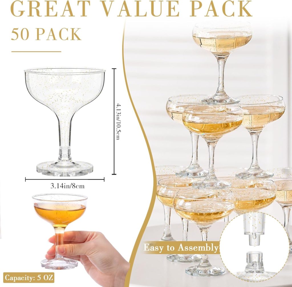 Zopeal 50 Pcs Champagne Glasses 5 oz Unbreakable Plastic Martini Glasses Disposable Wine Cups Stackable Stemmed Champagne Coupe Shatterproof Party Stem Cups for Wedding Birthday Bar (Gold Glitter) Zopeal 50 Pcs Champagne Glasses 5 oz Unbreakable Plastic Martini Glasses Disposable Wine Cups Stackable Stemmed Champagne Coupe Shatterproof Party Stem Cups for Wedding Birthday Bar (Gold Glitter)