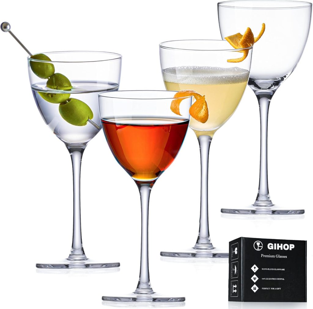 GIHOP Nick and Nora Cocktail Glasses, 5.8Oz Hand Blown Martini Glasses Set of 4, 100% Lead-Free Crystal Coupe Glassware, Small Cocktail Glasses for Manhattan, Cosmopolitan, Espresso with Gift Box GIHOP Nick and Nora Cocktail Glasses, 5.8Oz Hand Blown Martini Glasses Set of 4, 100% Lead-Free Crystal Coupe Glassware, Small Cocktail Glasses for Manhattan, Cosmopolitan, Espresso with Gift Box