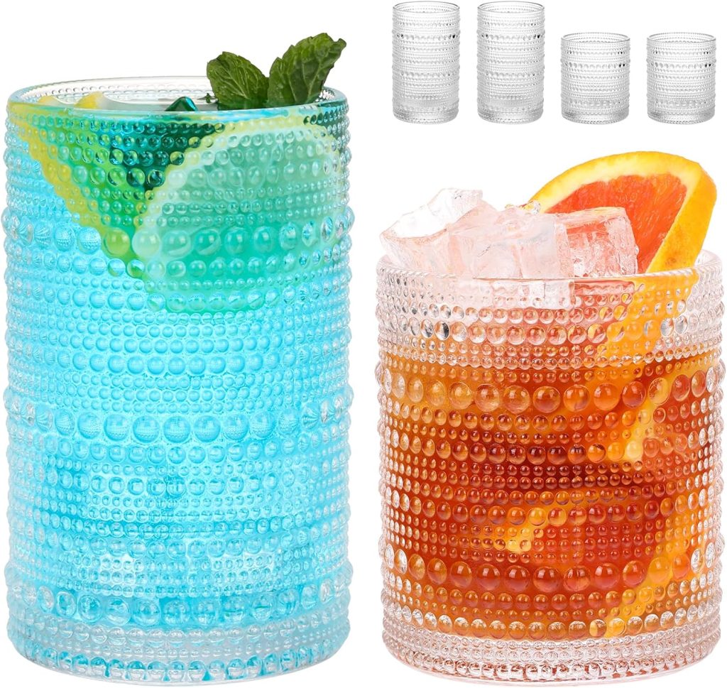 Moretoes Hobnail Drinking Glasses Set of 12, Oz Highball Glasses Oz Cocktail Glasses, Clear Embossed Boho Glass Cups Kitchen Bar Tumbler Glassware Set for Whiskey, Beer, Juice, Milk Moretoes Hobnail Drinking Glasses Set of 12, Oz Highball Glasses Oz Cocktail Glasses, Clear Embossed Boho Glass Cups Kitchen Bar Tumbler Glassware Set for Whiskey, Beer, Juice, Milk