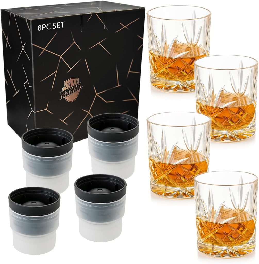 OLD BARREL Whiskey Glasses Set of (4 Glasses with Ice Ball Molds) 10oz Old Fashioned Crystal Glasses Gift Box – Bourbon, Scotch, Cocktail Rocks Glas – Gifts for Men, Dad, Birthday, Christmas Gift OLD BARREL Whiskey Glasses Set of (4 Glasses with Ice Ball Molds) 10oz Old Fashioned Crystal Glasses Gift Box – Bourbon, Scotch, Cocktail Rocks Glas – Gifts for Men, Dad, Birthday, Christmas Gift